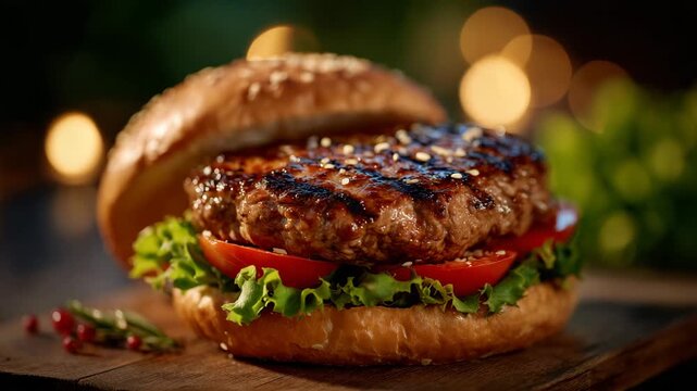 Cinematic macro shot of a grilled burger, sizzling beef patty, crisp lettuce and ripe tomato slices, glossy toasted bun, warm lighting enhancing rich colors and juicy textures, ind