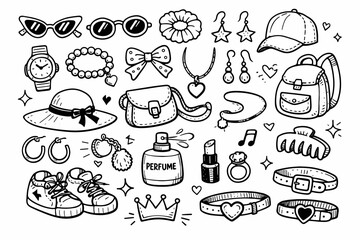 Obraz premium Fashion accessories: hat, shoes, jewelry, perfume, bags, sunglasses, caps, watch, makeup