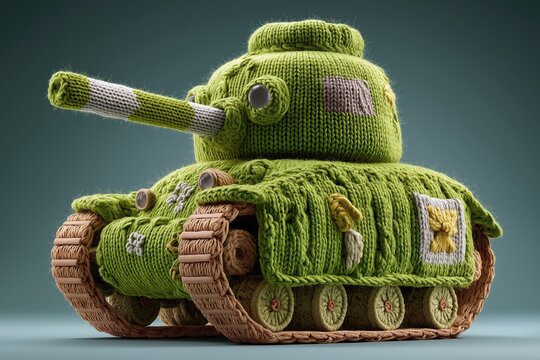 Knitted green military tank toy made of wool yarn. Soft crochet weapon. Anti-war, peace, demilitarization and safety concept. Handmade craft art on dark background