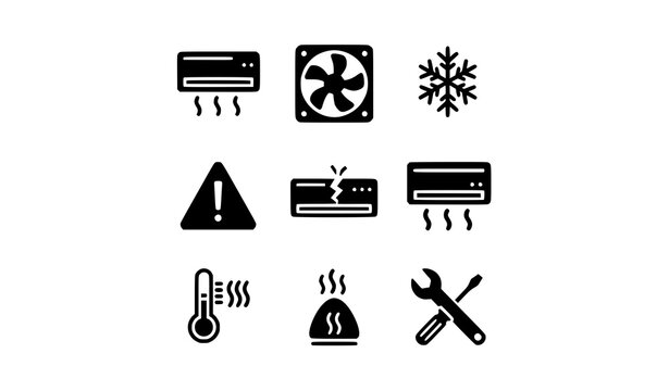 Air conditioner and cooling trouble solid icon set vector with HVAC repair warning and temperature symbols isolated on white background