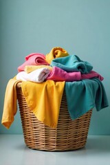 Overfilled laundry basket overflowing with clothes, shirts, towels, and fabrics Ready for washing, a home chore waiting to be done A messy pile of laundry in a woven basket , heap, textiles, untidy