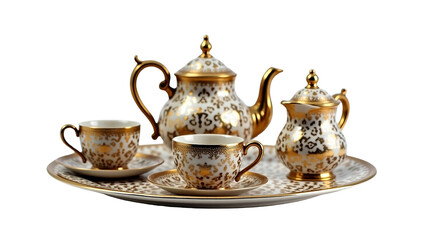 Luxurious gold and silver tea set with intricate designs on a decorative tray viewed from the front on a plain surface