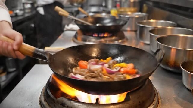 Chef cooking stir fry in a wok with flames on a gas stove.
