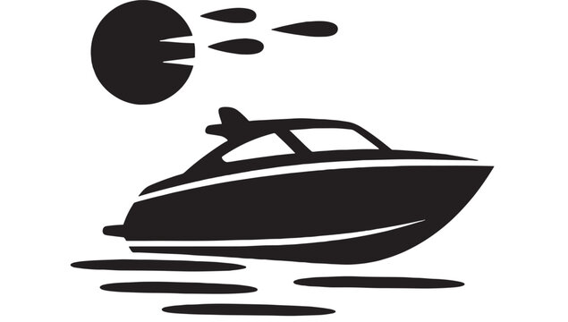 Motorboat speedboat silhouette icon with sun and water ripples, minimal black vector style for nautical travel, marine recreation, boating club logo design