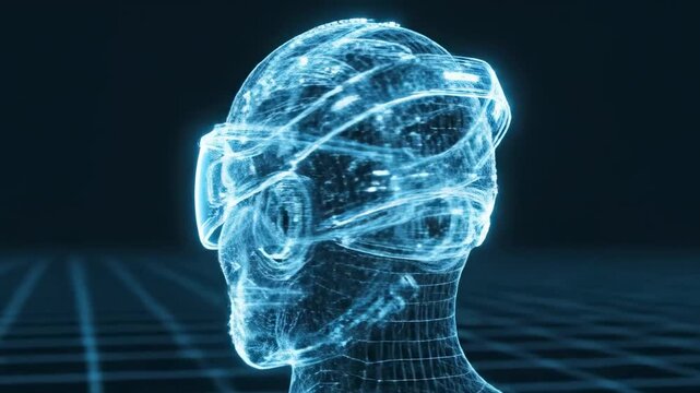 Futuristic Digital Human Head in 3D Wireframe with Technology and Cybernetic Features