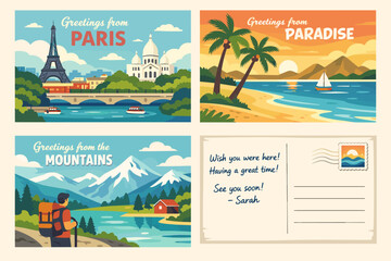 Fototapeta premium Travel postcards: paris, paradise beach, mountain adventure, vacation greetings
