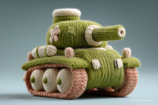 Knitted green military tank toy made of wool yarn. Soft crochet weapon. Anti-war, peace, demilitarization and safety concept. Handmade craft art on dark background