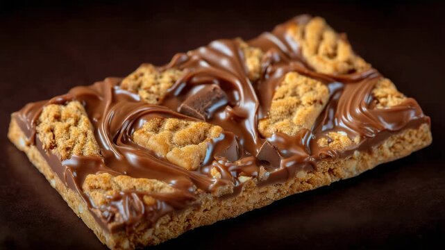 Close-up of a chocolate snack bar with embedded cookie pieces, golden toasted textures visible, chocolate slightly melting, rich glossy surface, studio-lit for maximum appetizing e
