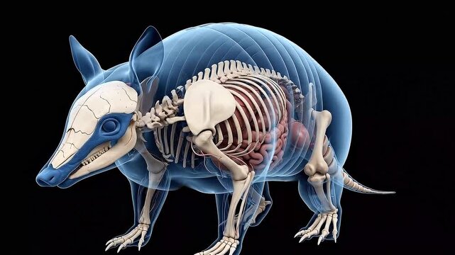 Detailed Digital Illustration of an Armadillo with Visible Skeleton and Internal Organs