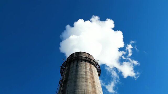 Industrial chimney releasing smoke against a blue sky in a manufacturing environment