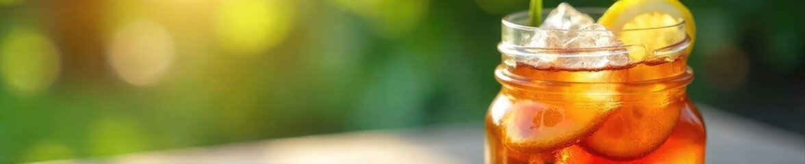 Refreshing iced tea in a mason jar with ice cubes and lemon slices, perfect for a hot summer day Enjoy the cool, crisp beverage , outdoor, lemon slices
