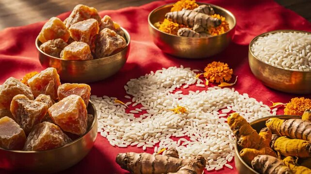 Traditional Diwali offerings with sweets, rice, and turmeric on red cloth. Diwali puja includes colorful sweets, rice, and turmeric as part of ceremonial offerings.