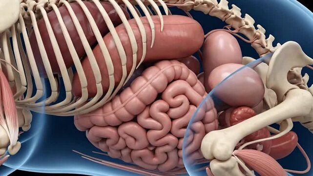 Anatomical illustration of a laboratory mouse showing internal organs and skeleton