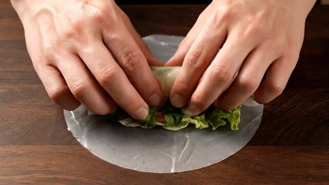 Chef skillfully preparing fresh Vietnamese spring rolls with shrimp and vegetables.