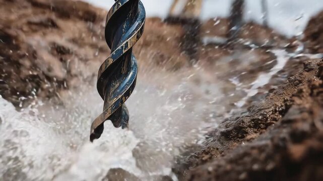 Close-up of heavy drilling machinery boring into the ground for an artesian well, rotating drill bit churning soil and rock, wet earth and splashing water visible, rugged industria