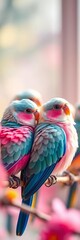 Obraz premium Pastel avian chorus, a vibrant, feathered symphony Bokeh whispers of shared delight, dreamy, whimsical