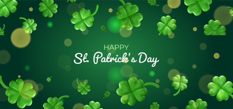 3D vector background with bright shamrocks and soft bokeh lights on green gradient. Festive clover border design for St. Patricks Day posters, banners or greeting cards.