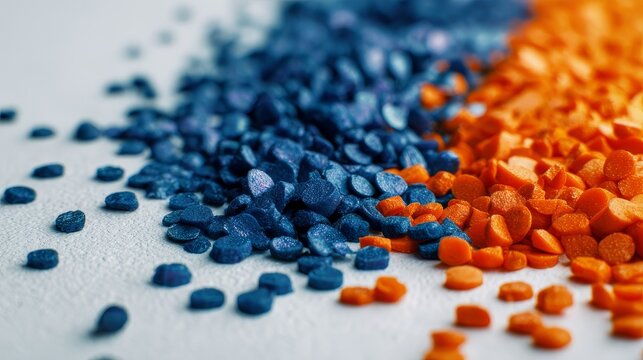Close up of colorful plastic granules or pellets, orange and blue, used for manufacturing and recycling. Industrial raw materials and polymer concept.