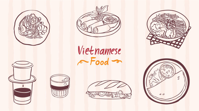 Vietnamese food drawing illustration - doodle hand drawn sketch vector collection set