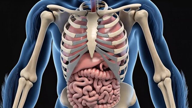 Detailed human skeleton with visible internal organs for anatomy study