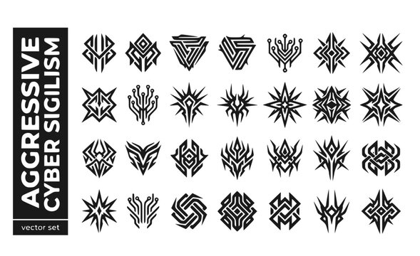 Aggressive Cyber Sigilism Harsh-Angular Sharp-Tribal Bold-Symbols Aggressive-Glyphs Intense-Sigils Digital-Tribal Vector Set - Aggro Sigilism