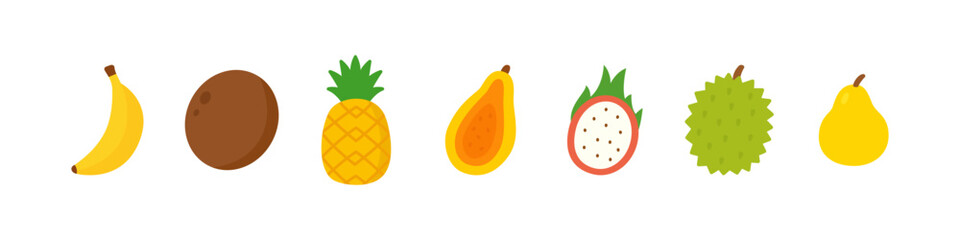 Cartoon tropical and exotic fruits. Flat vector colorful decorative illustration