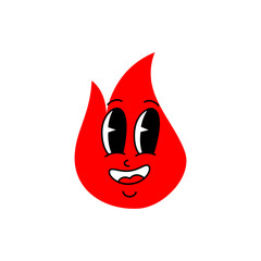 Smiling cartoon fire face with sparkling black eyes and open mouth. Bright and playful red flame character for children projects.