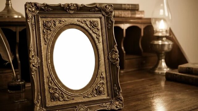 Ornate vintage photo frame with blank oval area for picture on desk, quill, inkwell, and oil lamp in sepia tone.