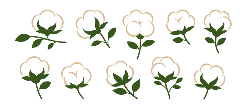 Set of 10 flat cotton plant icons with green leaves and white bolls. Vector collection for eco labels, textile design, and agricultural themes