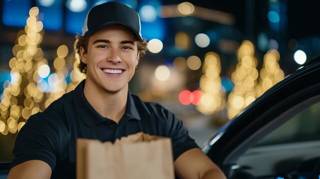 Evening drive-through scene at a cafe, smiling male employee wearing a cap offering takeaway food in a paper bag, car interior in shadow, bokeh lights in background creating cinema