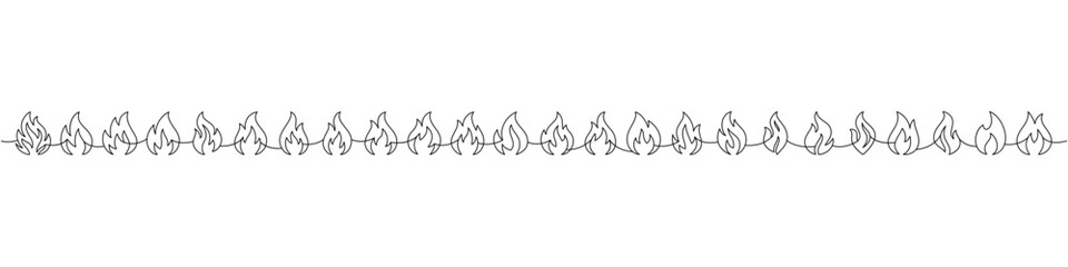 Decorative fire outline border in continuous line art. Stylized flame divider for tattoos, abstract motifs, and modern design projects