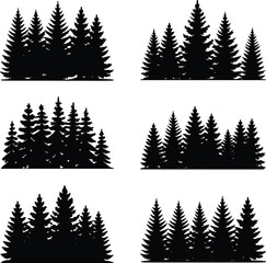 Fototapeta premium Black silhouette vector illustration of multiple pine tree groups arranged in rows representing forest, nature, wilderness, landscape, and outdoor scenery