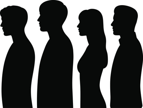 Minimalist black silhouettes of diverse people standing together side by side facing left, symbolizing unity, diversity, teamwork, equality, community