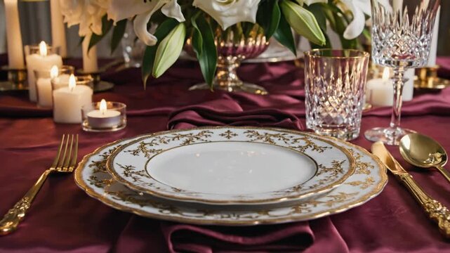 Formal tablescape gold cutlery patterned plates crystal glasses candles  lilies on a burgundy tablecloth