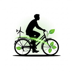 Obraz premium Man riding a bicycle with green leaves and wind turbine in the background, viewed from the side