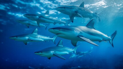 Obraz premium dynamic school of sharks swimming in clear blue water close up