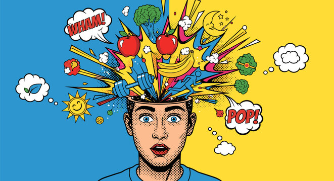 Man with chaotic thoughts and ideas bursting.