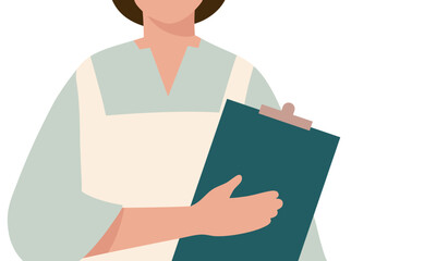 クリップボードを持つエプロン姿の女性を描いた人物イラスト