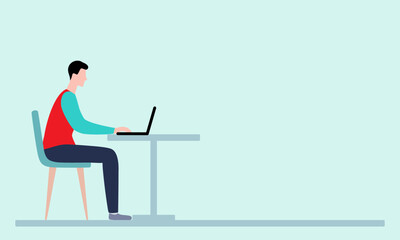 パソコン作業をする男性を横から描いた余白のある人物イラスト