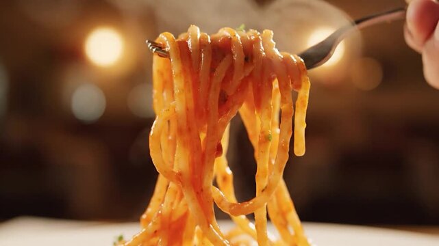 Close-up of a fork twirling steaming spaghetti with red sauce, ready to eat.