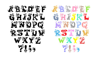 Vector cute dog alphabet and numbers on white background with words, paw prints and hearts in cartoon style. Bright illustration for postcard, poster, wrapping paper design, kids t-shirts, kids room. © Maria