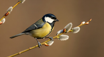 Naklejka premium Colorful great tit bird perched on a tree branch in natural wildlife setting