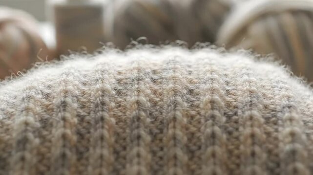 Close up view of textured yarn with multiple skeins in the background creating an artisanal knitting scene