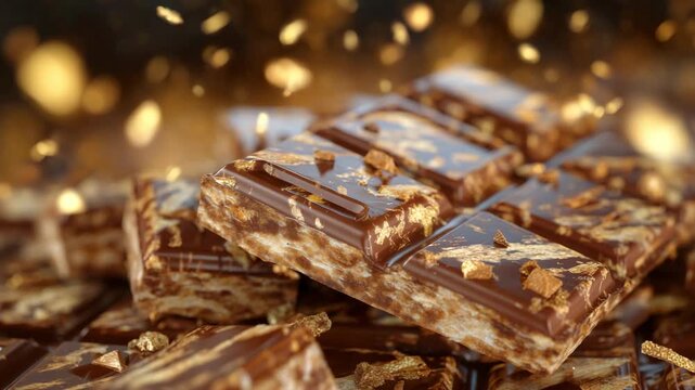 Top-angle cinematic view of chocolate snack bar, cookie pieces distributed across glossy surface, golden toasted highlights catching warm light, realistic indulgent close-up