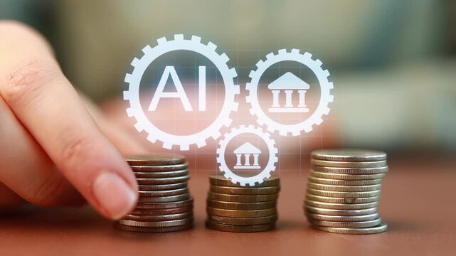 Technology and finance intersect as someone analyzes data on coins and AI symbols representing growth and trends.