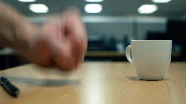 A clenched fist aggressively slams down onto an office table next to a pen and coffee mug, suggesting extreme frustration or anger during a stressful work meeting.