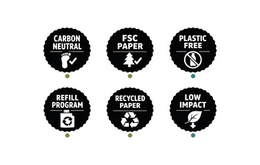 Obraz premium six separate flat vector seal stamp badges each badge solid black scalloped edge circle with and simple white pictogram below tiny muted eco dot accent (green olive teal) evenly spaced