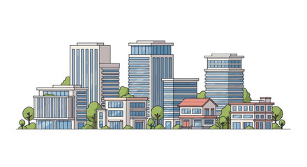 Obraz premium Modern Cityscape with Tall Buildings and Green Trees, Flat Design Illustration