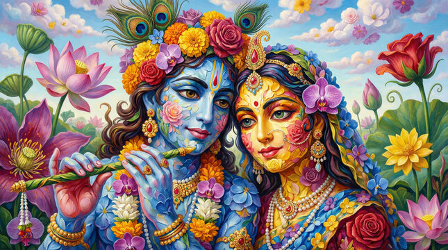 Vibrant and Colorful Portrait Painting of Divine Couple Radha and Krishna with Floral Adornments
