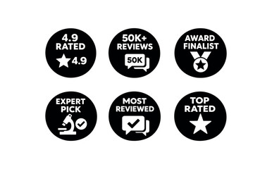 Obraz premium six separate flat vector badges each badge solid black circle with consistent style and size badge texts and : 4.9 RATED 4.9 icon 50K+ REVIEWS chat 50K icon AWARD FINALIST medal icon EXPERT